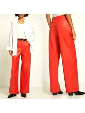 Staud Domino Pants Cherry Orange Faux Leather Carpenter Wide Leg High Rise 27